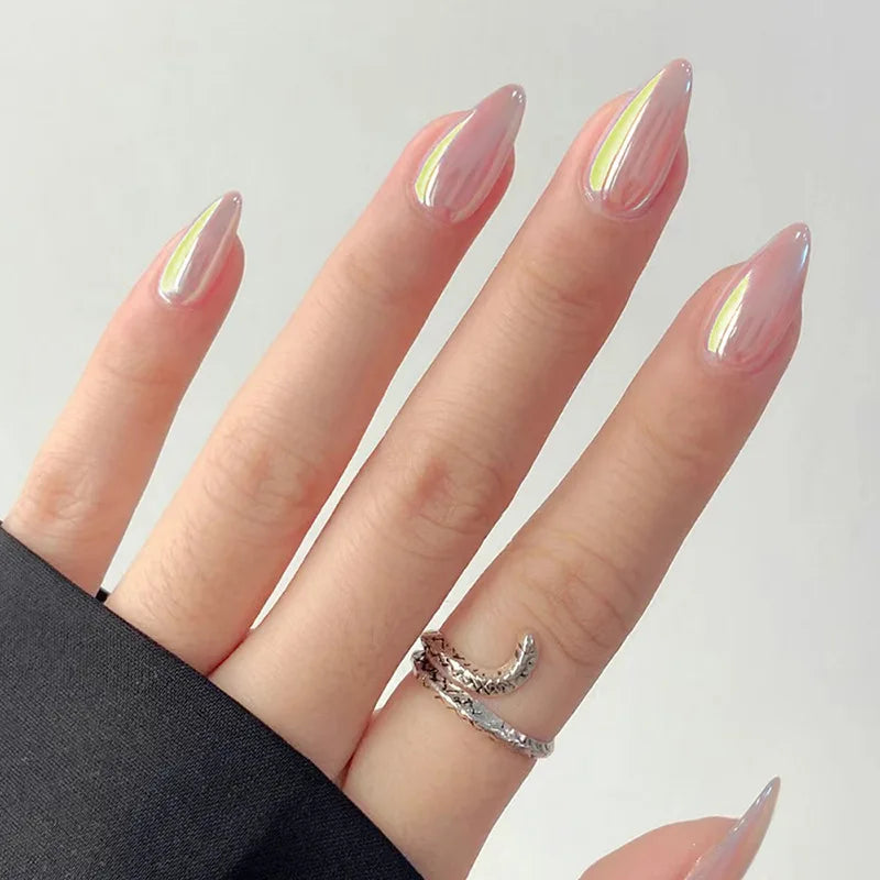 24Pcs Simple Nude Pink Solid Nail Art Set with Jelly Glue Short Oval Fake Nails Aurora Flash Almond Sweet Wearable Nail Stickers 4