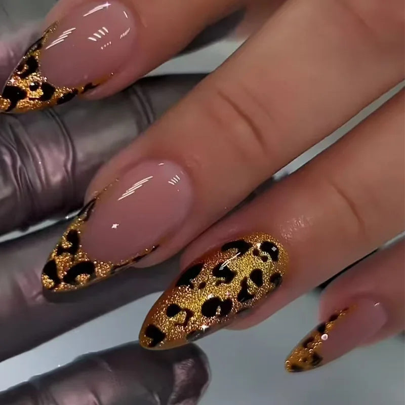24Pcs 3D Fake Nail Long Almond False Nails with Flower Leopard Print Design Stiletto Detachable Nail Art Tips Press on Nails 1722