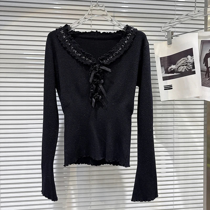 Winter New Sweet Fashion V-Neck Lace Rhinestone Elastic Knitted Sweater For Women Slim Fit Pullover Female 11A07928 Black One Size