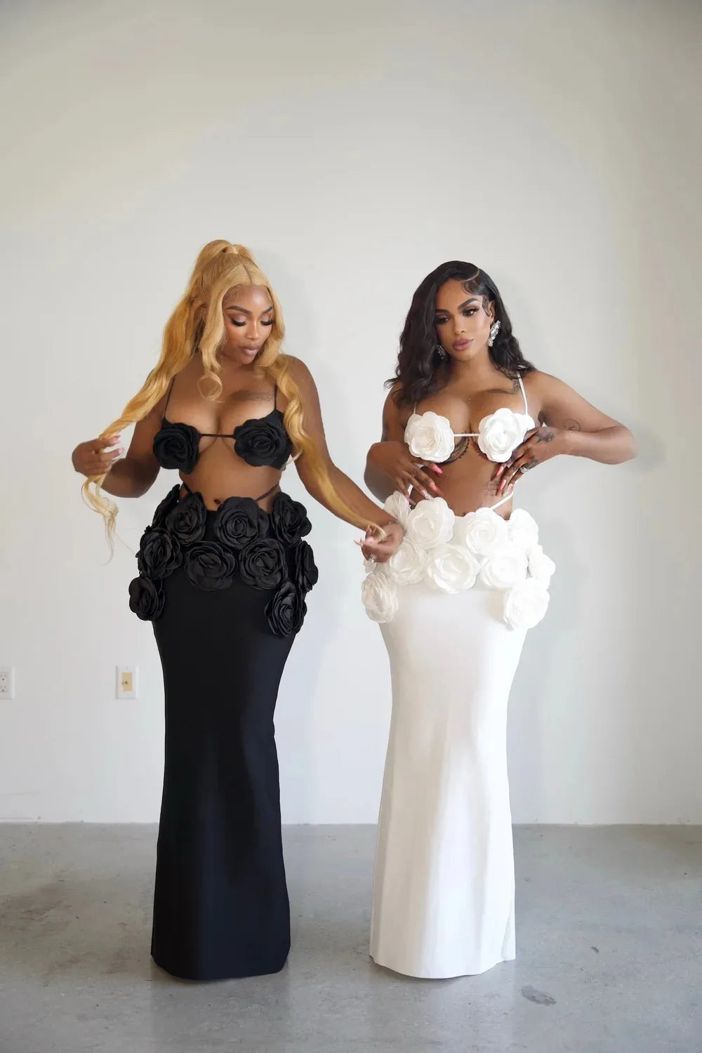 Black White Color Women Sexy Sleeveless V-Neck Bodycon 2 Pieces Bandage Long Dress Florals Celebrate Nightclub Party Outfit