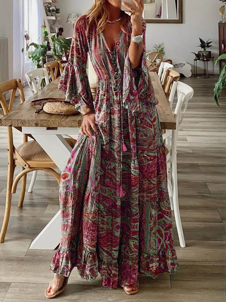 Women Vintage Print Long Dress 2024 Summer Sexy V Neck Short Sleeve A-line Dress Female Elegant Elastic Waist Maxi Dresess Robe EA08432-Red