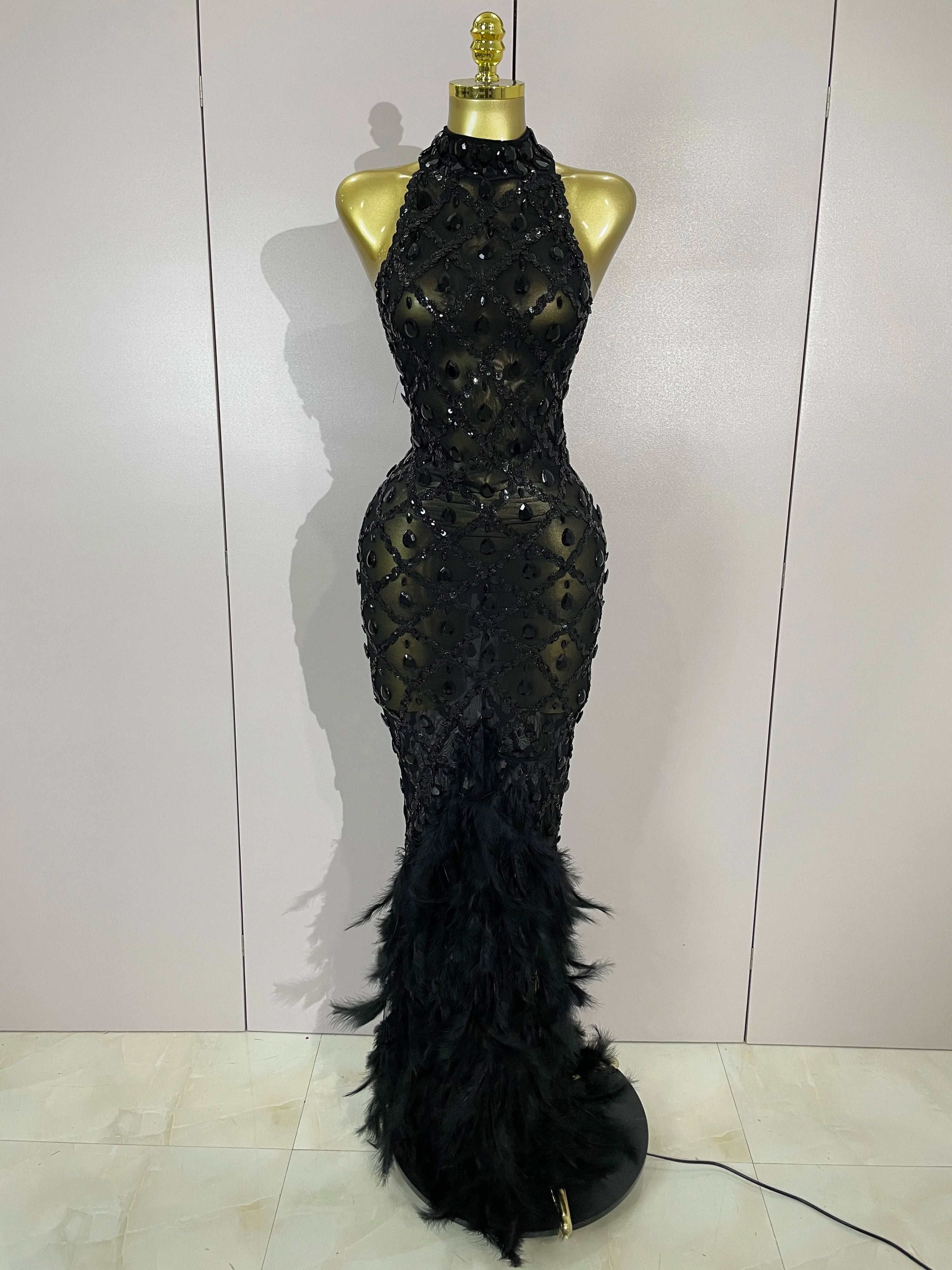 Luxury Shining Gold Rhinestones Feather Sexy Mesh Long Dress Women Birthday Evening Red Carpet Fashion Show Gown Stage Costume black