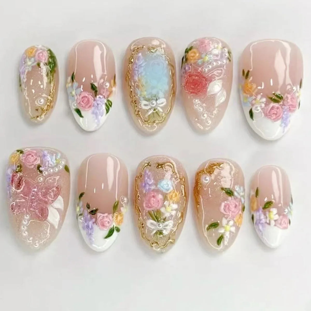 24Pcs White French Full Cover Fake Nail Tips with Pearl Reusable Short Almond False Nails Colorful Flowers Design Press on Nails 1126