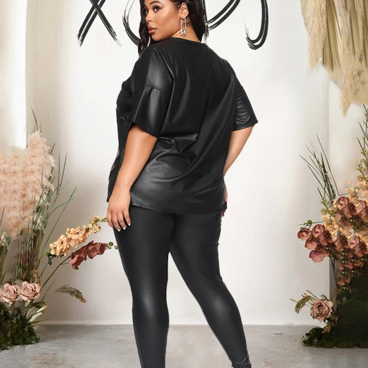 Women Summer Clothes Leather Outfit 2 Piece Set Short Sleeve Blouse Top and Stretchy Leggings Ladies Plus Size Pu Suits in Black
