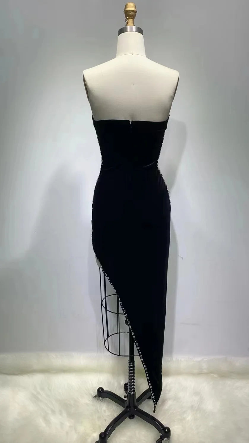 High Celebrity Black Strapless Crystal Long Bodycon Velvet Dress Elegant Evening Party Dress Vestidos