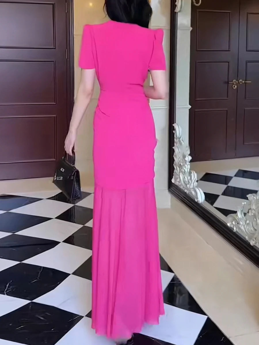 Hit Color Spliced 3D Flower Elegant Dresses for Women Round Neck Short Sleeves Patchwork Folds Sheer Dress Female