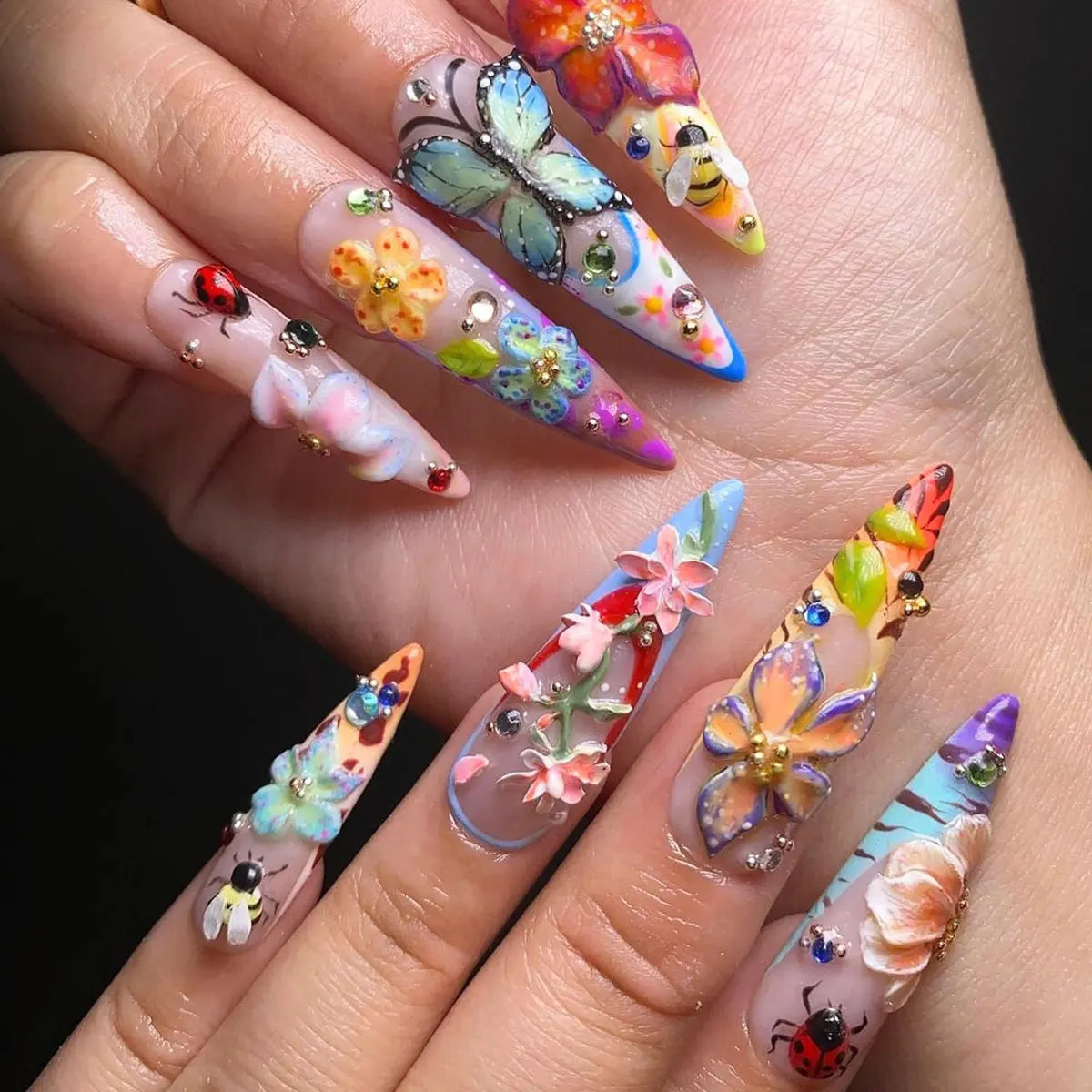 24pcs/set Medium fake nails for women girls 3D embossed flowers butterfly shell designs Summer almond tips press on false nail 2652