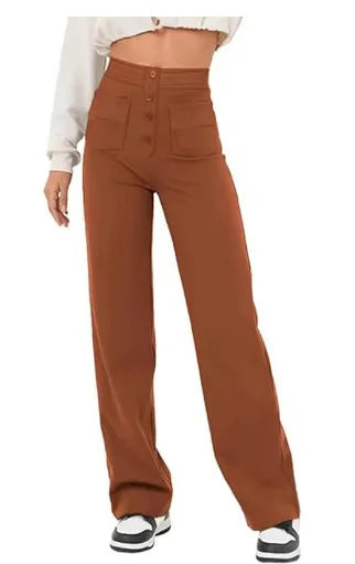 Women's High-waisted Elastic Casual Trousers Fashionable Casual Straight-leg Pants Buttoned Elegant Casual Pants Caramel colour