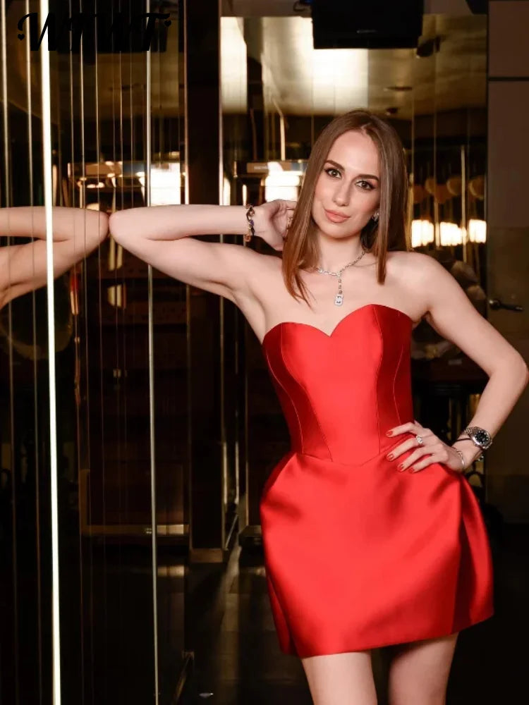 Sexy Strapless Party Dress Women Elegant Red Backless Sleeveless Slim Petal Dresses Female Spring Evening Club Vestidos