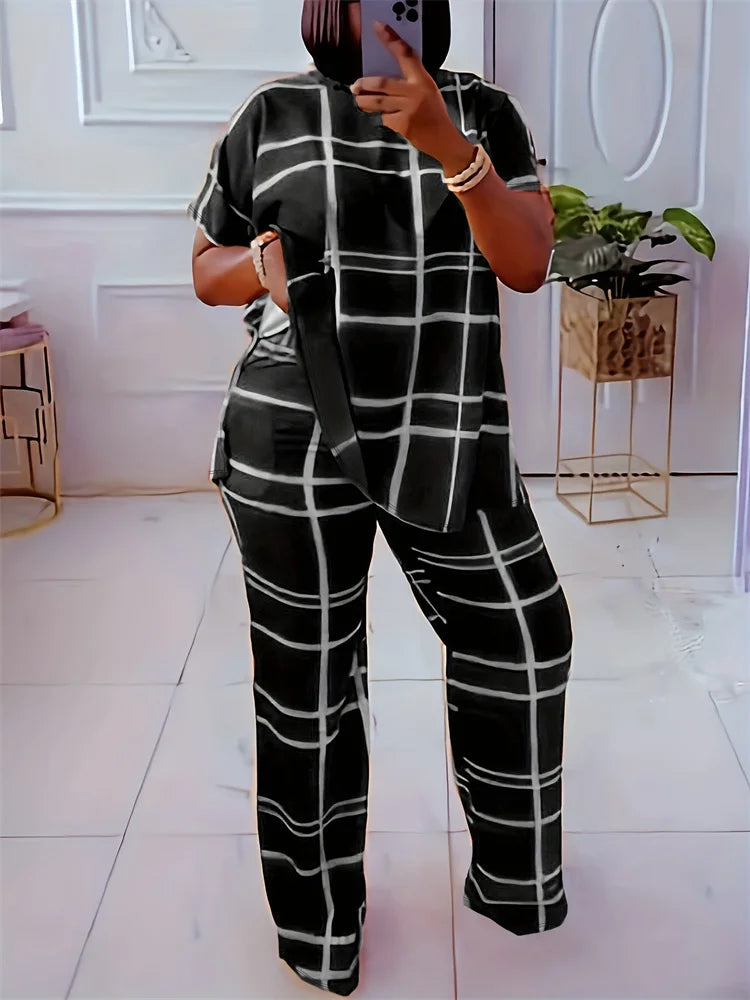 Wmstar Plus Size Two Piece Outfits Women Loose Striped Short Sleeve Top Wide Leg Pants Set Tracksuits Wholesale Dropshipping black