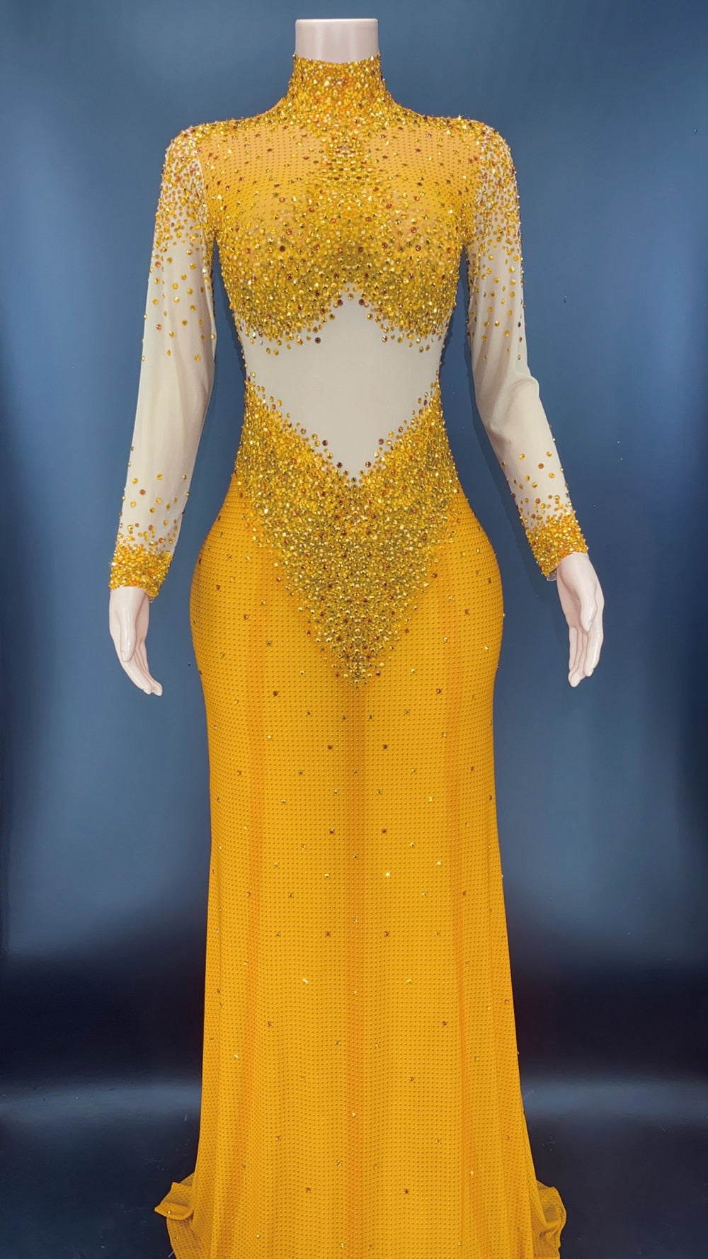 Sparkly Rhinestones Long Sleeves Mesh Transparent Dress Birthday Celebrate Gown Outfit Women Sexy Evening Prom Party Dress Gold