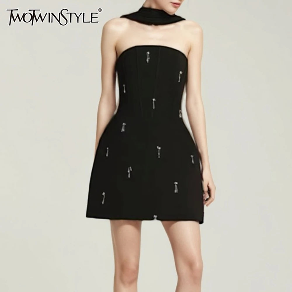 Solid Slimming Spliced Bead Elegant Dresses for Women Strapless Sleeveless Temperament Mini Dress Female Fashion