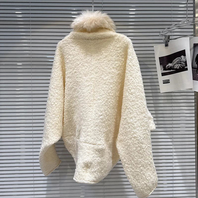 Winter New Lazy Style Furry Edge Fleece Loose Batwing Shawl Short Coat For Women Jacket Female 11A07763