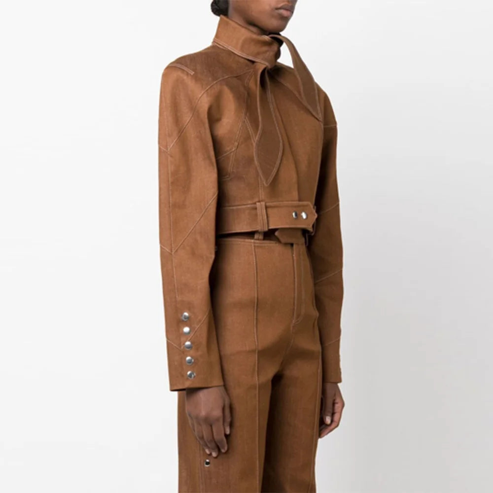 Fashion Two Piece Set for Women Stand Neck Long Sleeve Spliced Button Coat High Waist Pants Female Temperament New