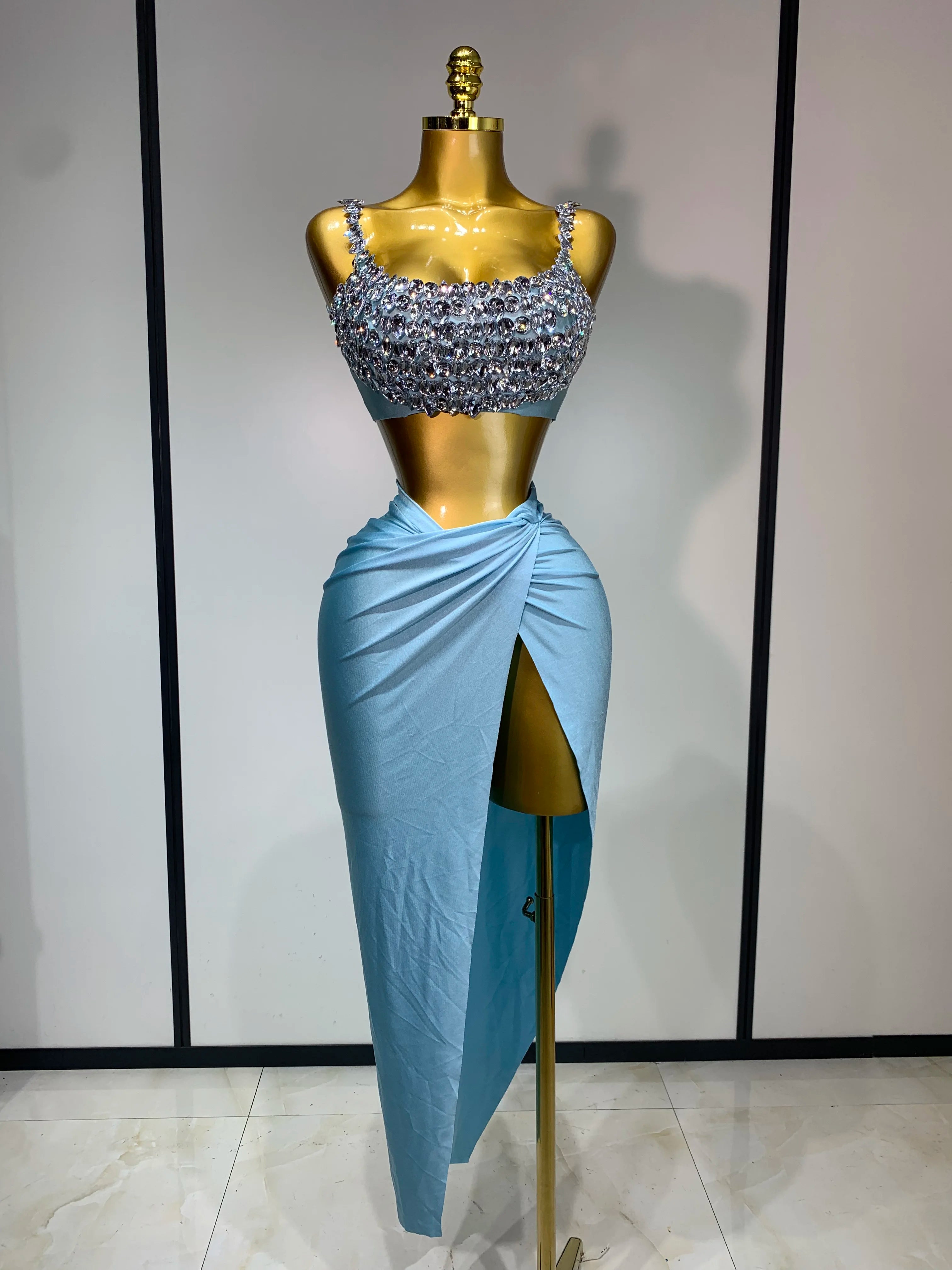Women Sexy Sparkly Rhinestone Two Pieces Set Stretched Nightclub Skirt Suits Birthday Singer Dancer Stage Performance Costume SKY BLUE