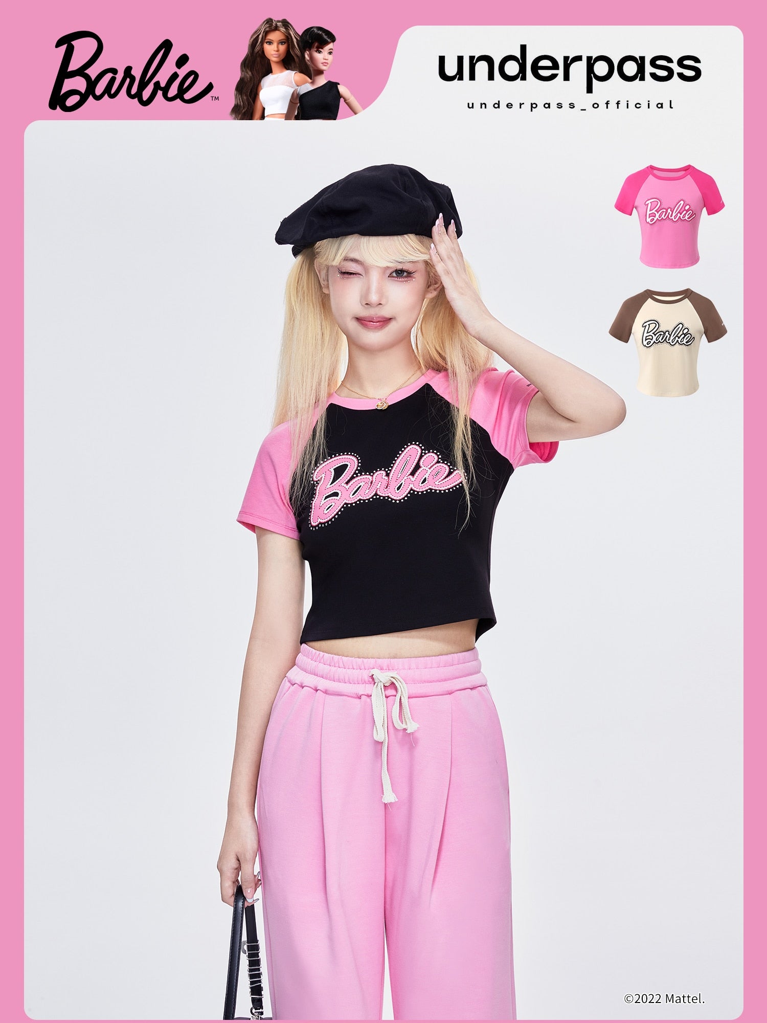 Underpass X Barbie Print Hot Drill Navel Slim Fit Contrast Short-Sleeved T-Shirt Y2K Girls Skinny Short Sleeves Fashion Soft Top