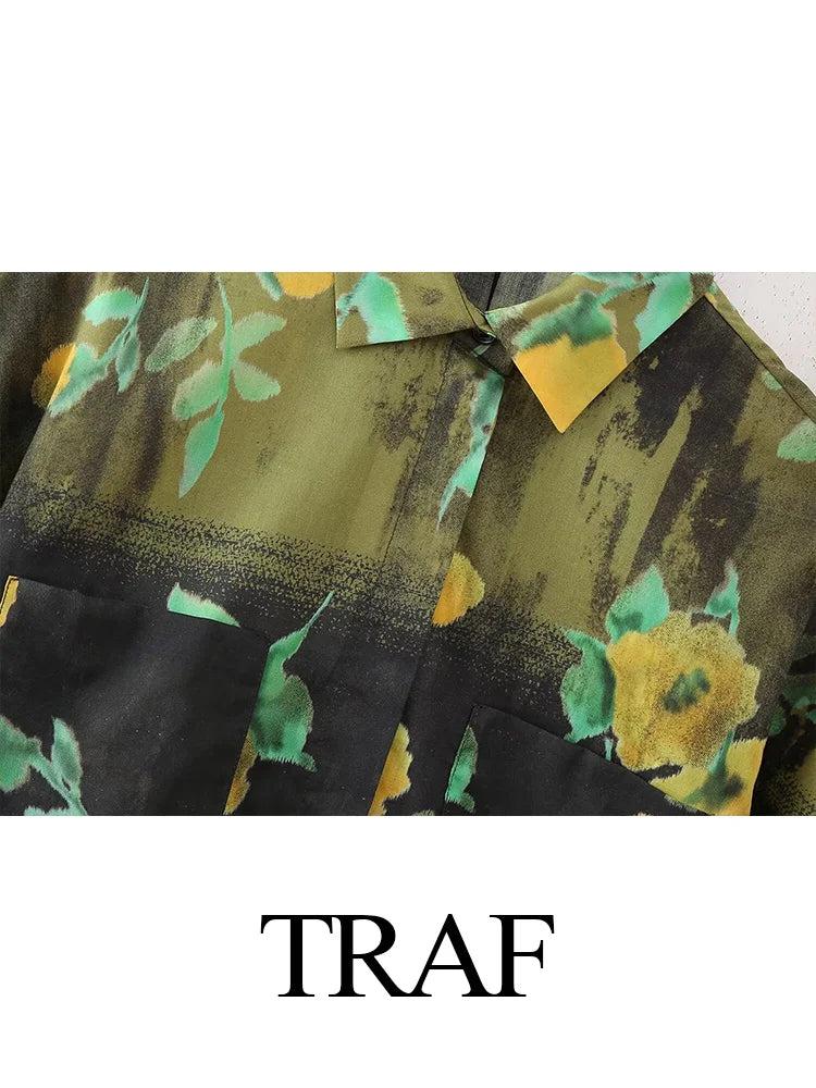 TRAF Summer Vintage Y2K Short Sleeve Green Floral Print Woman Zipper Shirt Set High Waisted A Line Pleated Skirt Suits