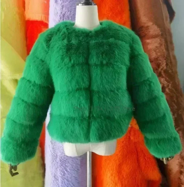 Women's Fashion Faux Fur Coat Super Hot Autumn Winter Women Short Faux Fox Fur Fluffy Jacket High Quality 5xl Ladies Furry Coats Green