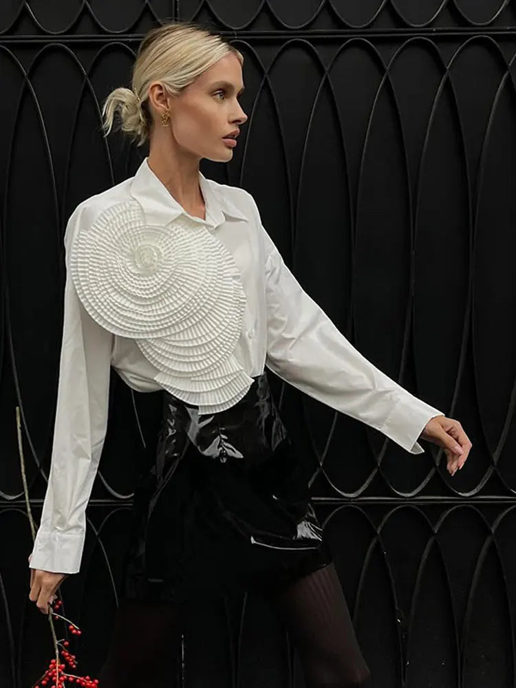 Elegant Lady 3D Pleated Flower Solid T Shirt Fashion Round Neck Short Sleeves Tops Spring Summer Casual Women Street Wear White long