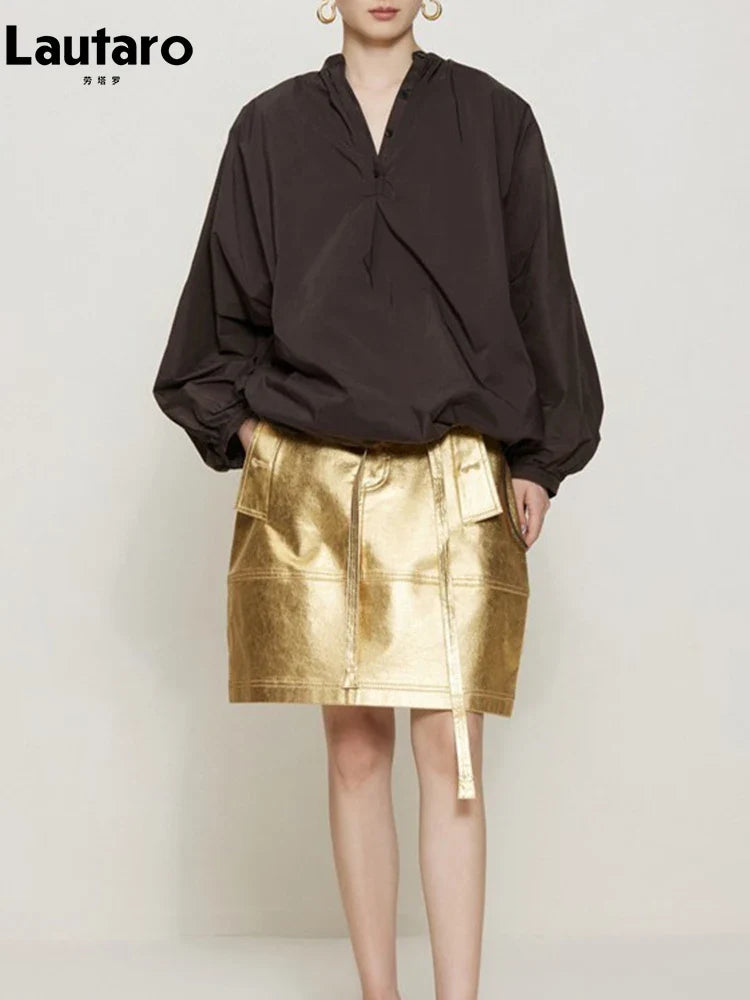 Summer Autumn Gold Shiny Faux Leather Skirt Women with Sashes A Line Korean Style Clothes Streetwear 2023 Runway Fashion