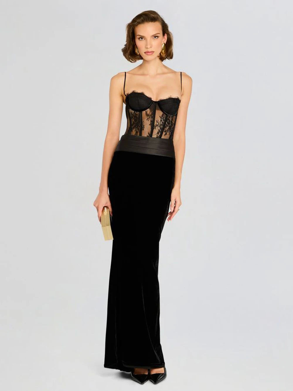 Women'S Sling Velvet Long Dress Sexy See Through Lace Slim Fishbone Dress Elegant Celebrity Evening Party Gowns
