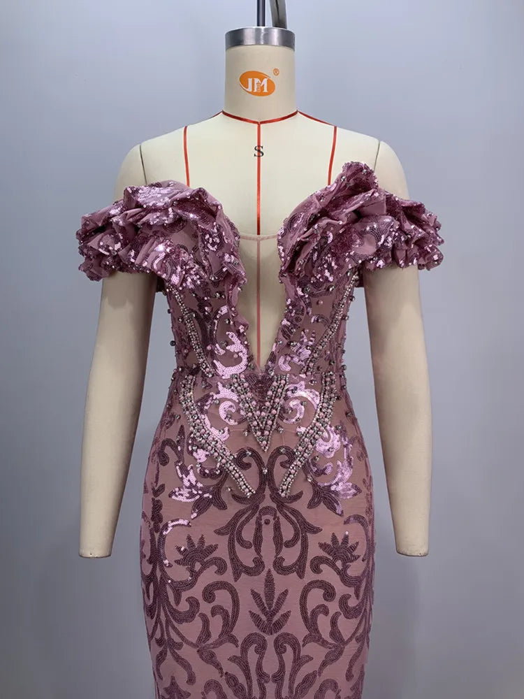 New Luxury Sexy Off Shoulder Ruffles Pink Mesh Sequins Maxi Long Women Celebrity Dress 2024 Elegant Party Evening Club Vestido