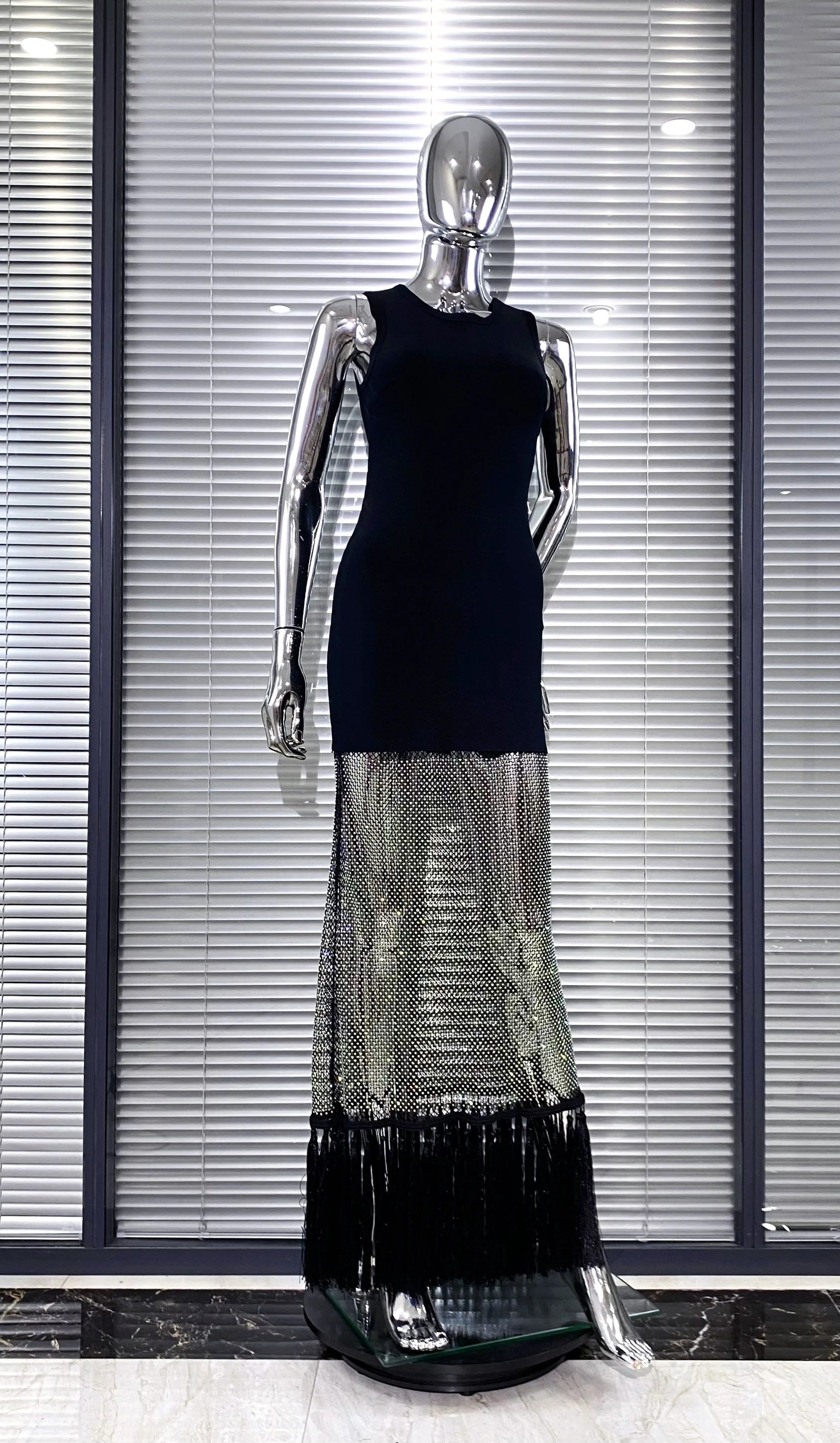 Shining Diamond See Through Mesh Tassels Black Bandage Ankle Length Dress Fashion Woman Party Dress Birthday Party Outfit