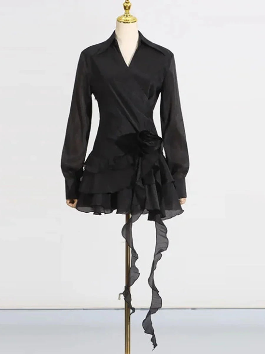 Solid Mini Temperament Mini Dresses for Women V Neck Long Sleeves Patchwork 3D Flower Mini Dress Female Clothing BLACK