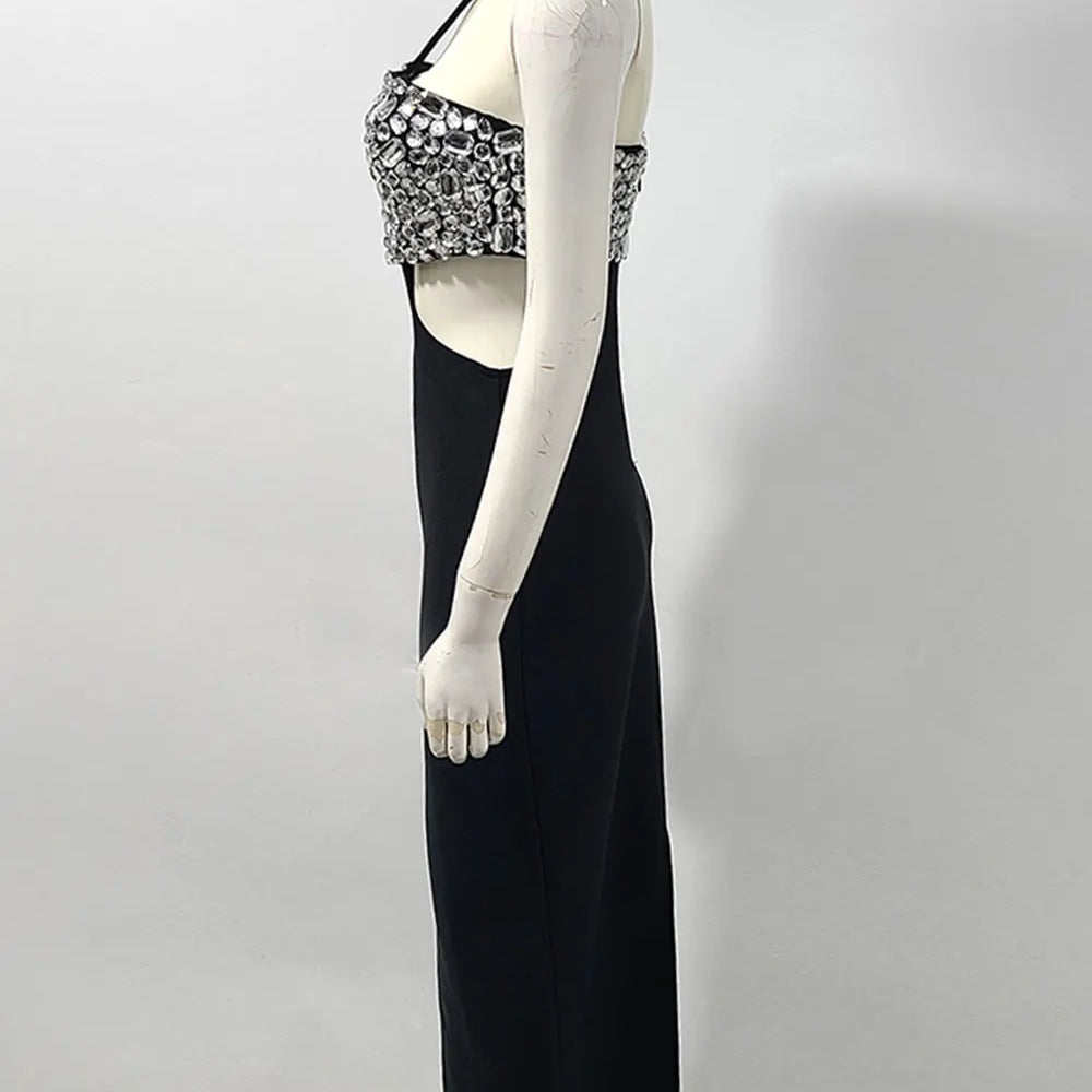 2025 Sexy Women's Light Luxury Nail Bead Design Bandage Dress Hanging Neck Sleeveless Waist Design Bodycon Long Dress Vestitos