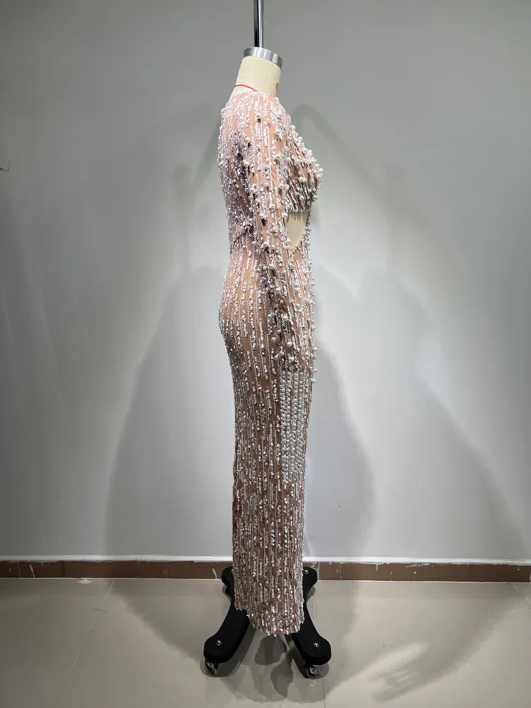 Elegant Evening Party Dress Women Long Sleeve Pearl Beading Bodycon Long Maxi Dress Birthday Party Cocktail Prom Dress