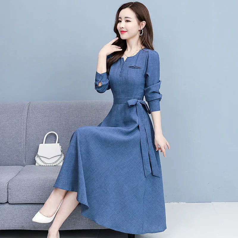 V-neck Elegant Fashion Long Sleeve Button Elastic Waist Belt Dress Comfortable Simple Solid Color Autumn Women's Clothing niuzailan