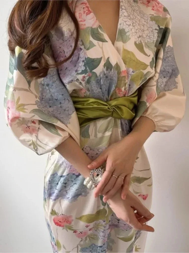 Women Elegant Floral Midi Dress Spring Vintage Japan Style Chic Bodycon Birthday Party Vestidos Female Fashion One Pieces Robe