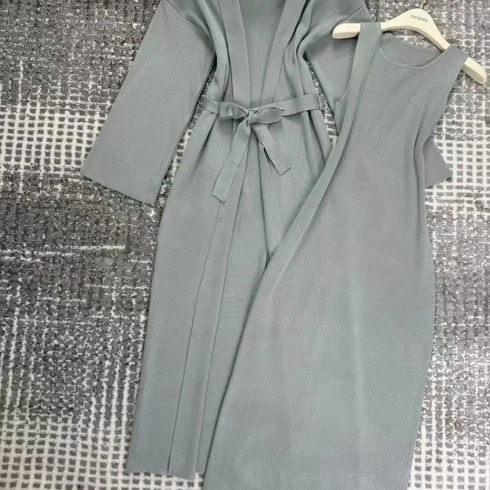 Women's Knitted Long Dress Sets with Polo Collar Long Sleeves Waistband Tie up Cardigan Long Coat+Sleeveless Dress Two Piece Set Image color