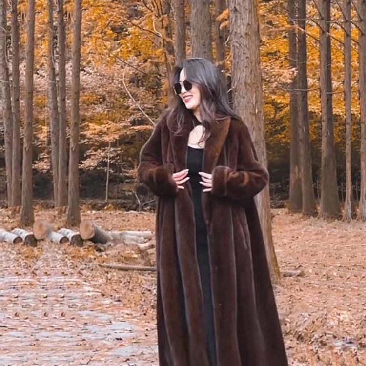 Lautaro Winter Long Oversized Warm Thick Fluffy Brown Soft Skirted Faux Mink Fur Coat Women Elegant Luxury Chic Furry Overcoat