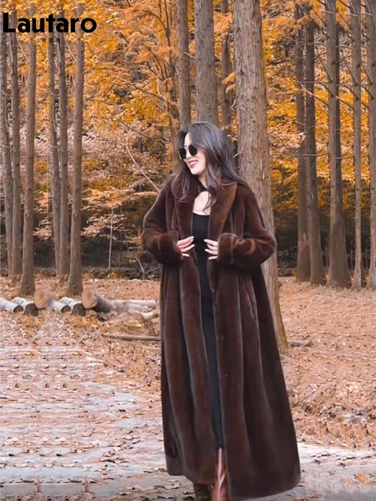 Lautaro Winter Long Oversized Warm Thick Fluffy Brown Soft Skirted Faux Mink Fur Coat Women Elegant Luxury Chic Furry Overcoat