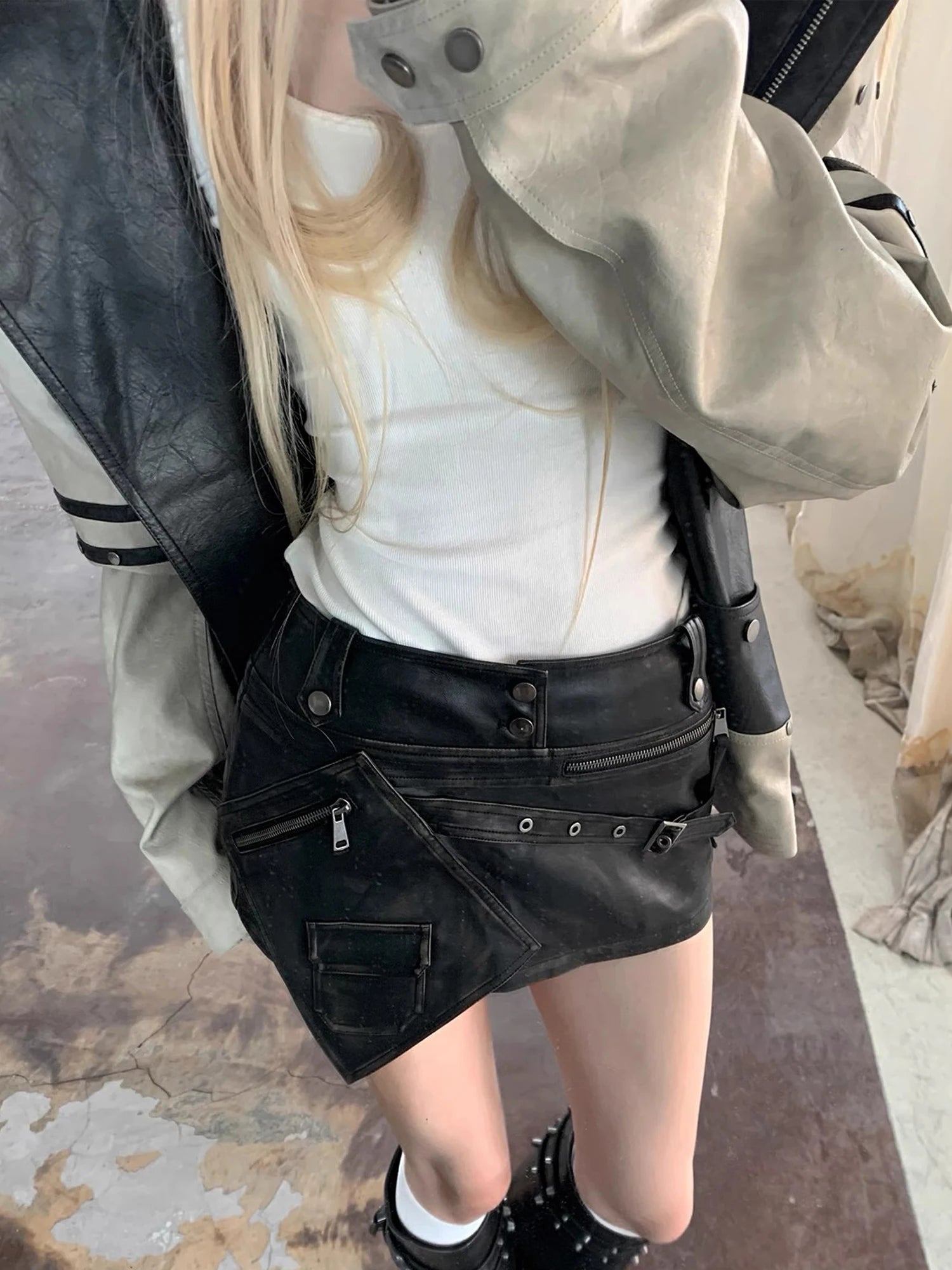 Lautaro Spring Summer Cool Sexy Distressed Black Pu Leather Mini Asymmetrical Skirt Women High Waist Luxury Designer Emo Clothes