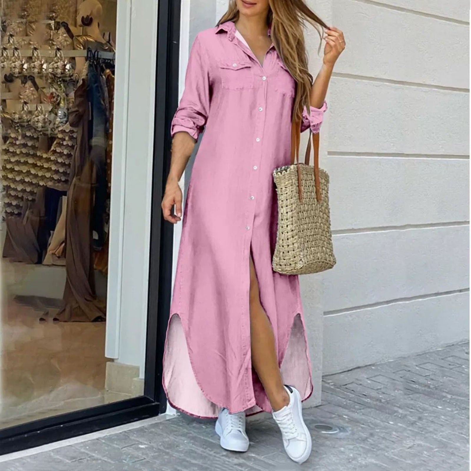 Summer Fashion Elegant Shirt Dress Women - Print Long Sleeve Button Ladies Office Holiday Casual Clothing Female Maxi Dress