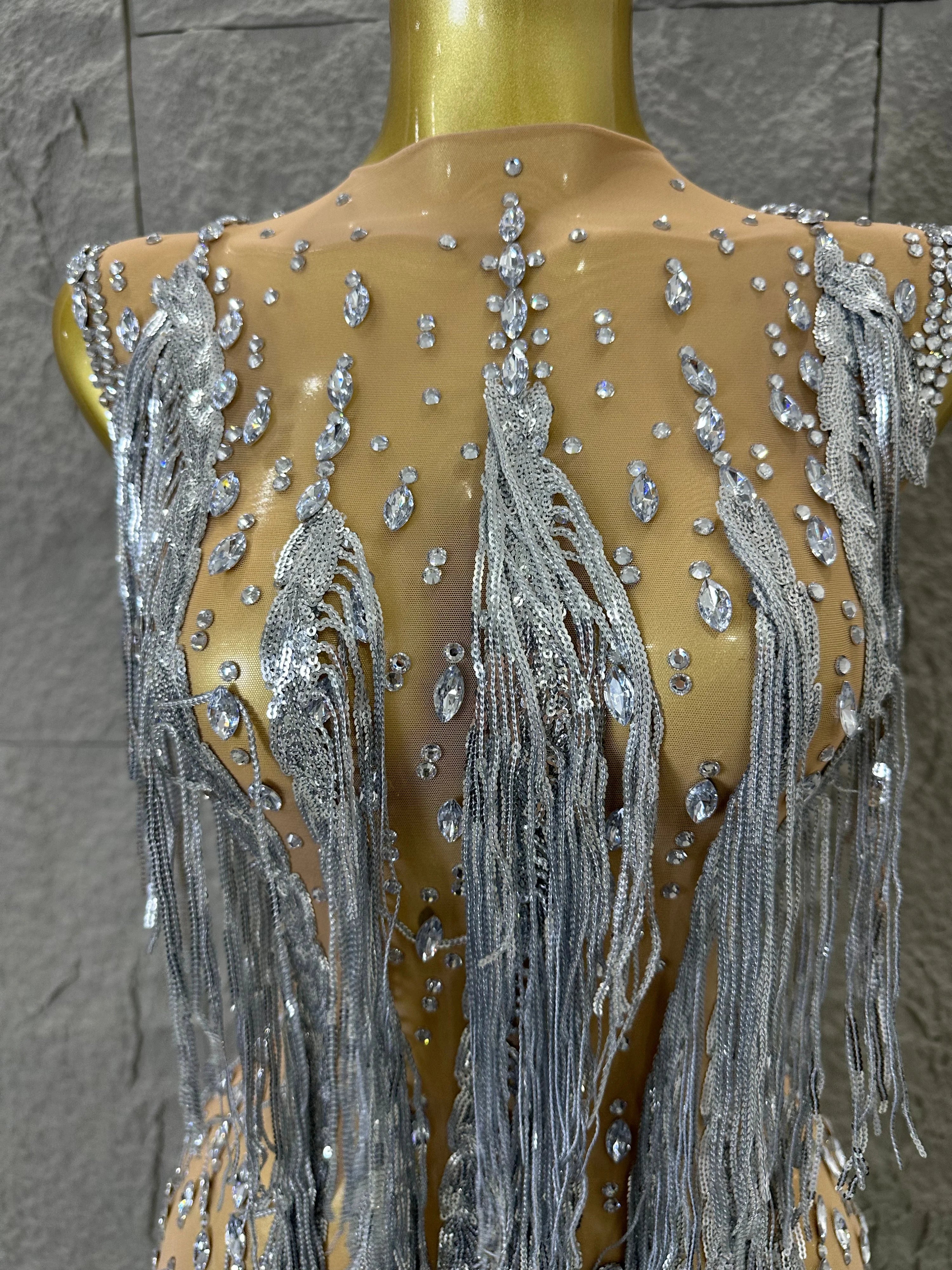 Luxury See Through Mesh Silver Rhinestone Long Tassel Dress Sleeveless Fitted Bodycon Formal Evening Wedding Guest Cocktail Gown