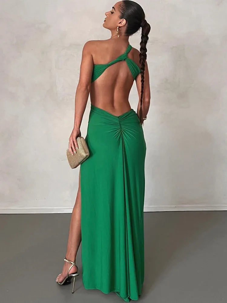 One Shoulder Strap Backless Maxi Dress For Women Gown Strapless Sleeveless Backless Thigh High Split Sexy Evening Dress