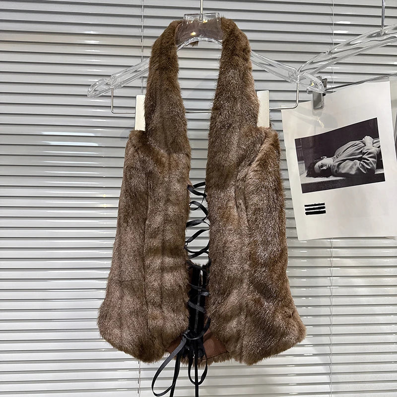 Winter New Fashion Style Back Bandage Design Furry Halter Neck Strap For Women Ring PU Leather Short Skirt 11A07894 only Brown Strap