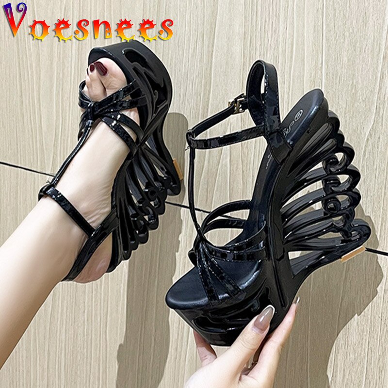 Summer Hollow Out Platform Nightclub Fashion Pumps Woman Super High Heel Wedges Sandals Sexy Ankle Buckle Peep Toe Party Shoes