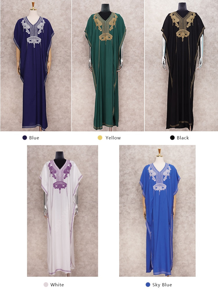 Vintage Embroidery Kaftan Sexy V-neck Batwing Sleeve High Waist Maxi Dress Tunic Women Clothing Summer Beach Dresses Q660
