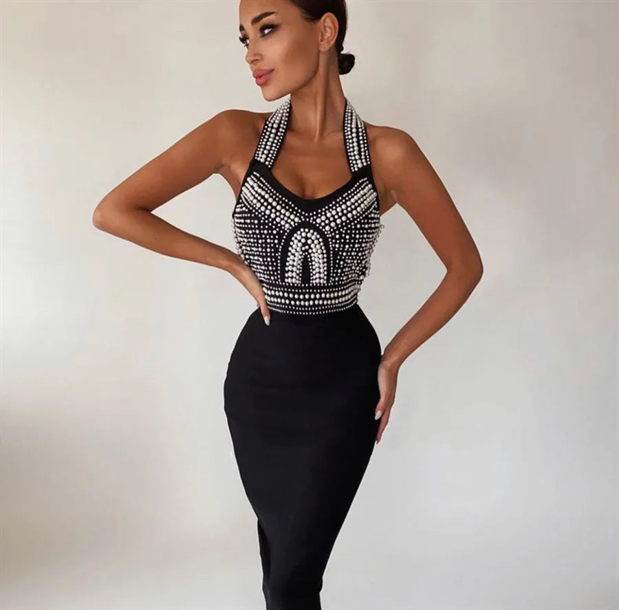 2023 Exquisite Pearl Beading Halter Bodycon Knee Lenght Dress Graceful Woman Hips Package Bandage Dress Evening Party Vestido