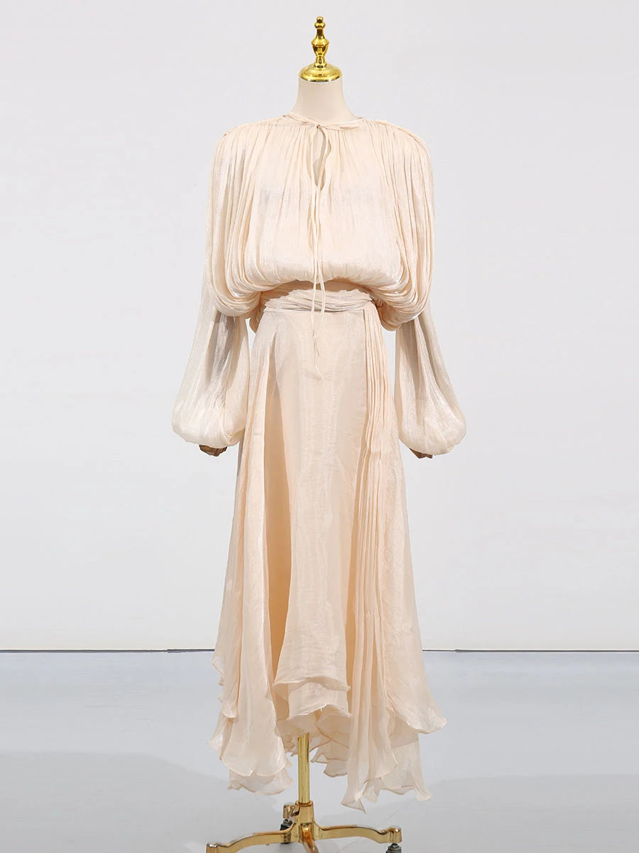 Solid Loose Spliced Folds Elegant Dresses for Women Round Neck Long Sleeves Patchwork Lace Up Dress Female Fashion APRICOT