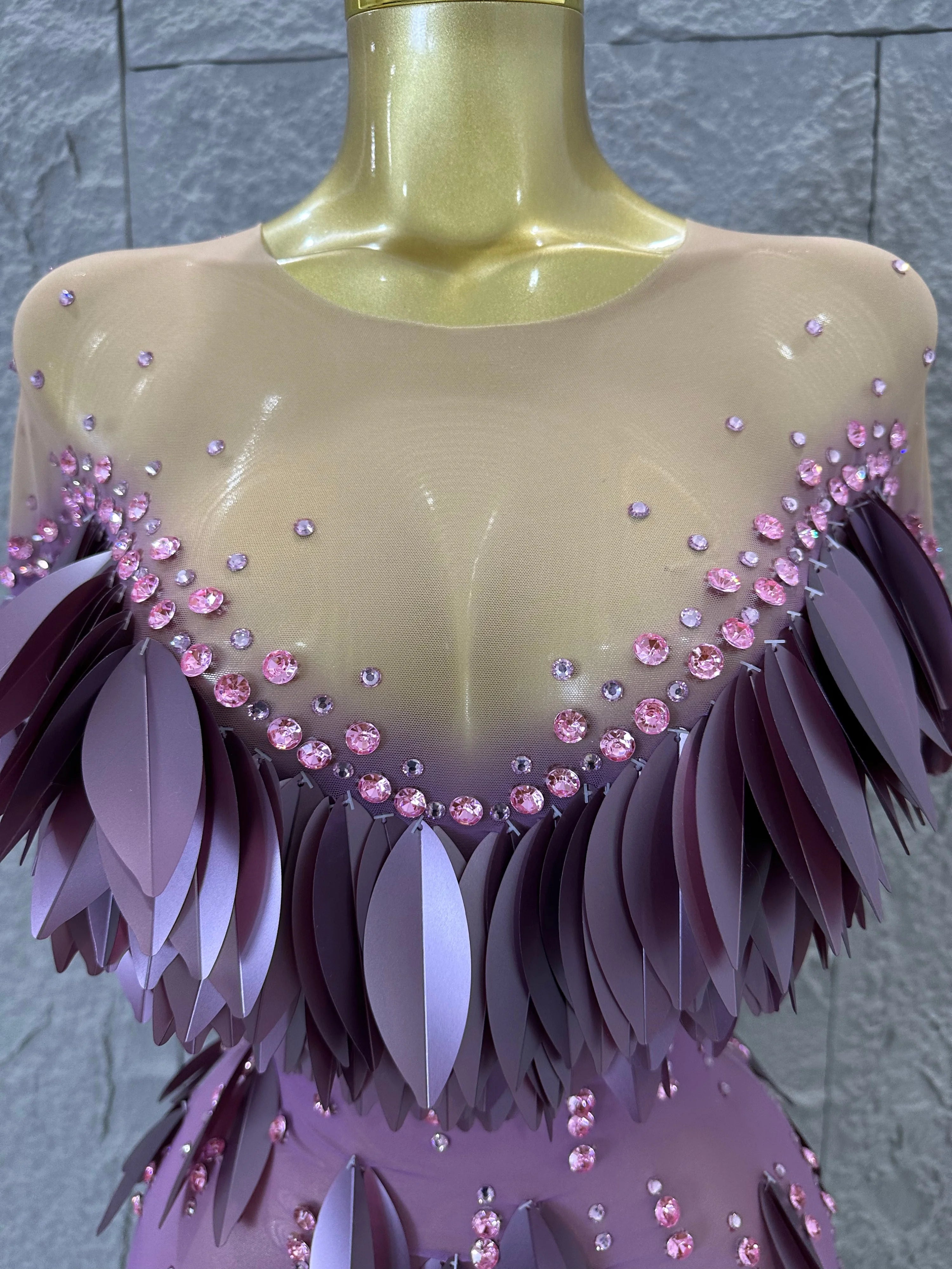 Sparkly 2026 Purple Sheer Mesh Dress Women Sexy Illusion Neck Rhinestone 3D Leaf Fringe Bodycon Evening Gala Nightclub Outfit