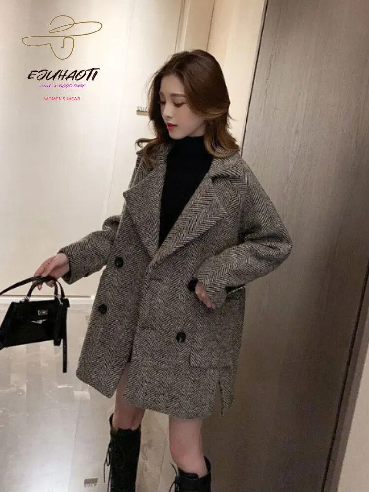 Woolen Cloth Women's Coat 2024 Autumn Winter Korean British Style Retro Thicken Mid Length Version Woman Clothing