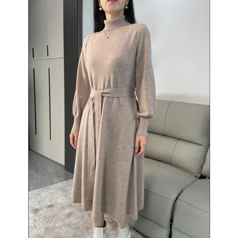 Dress Women's Autumn and Winter Knitted Thickened High Neck Long Sleeve Solid Color with Coat Medium Long Warm Fashion Elegant camel color