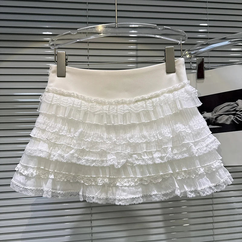 Winter New Sweet Temperament Mesh Ruched Patchwork Cake Skirt For Women High Waist Short Skirts Female Trend 11A07610