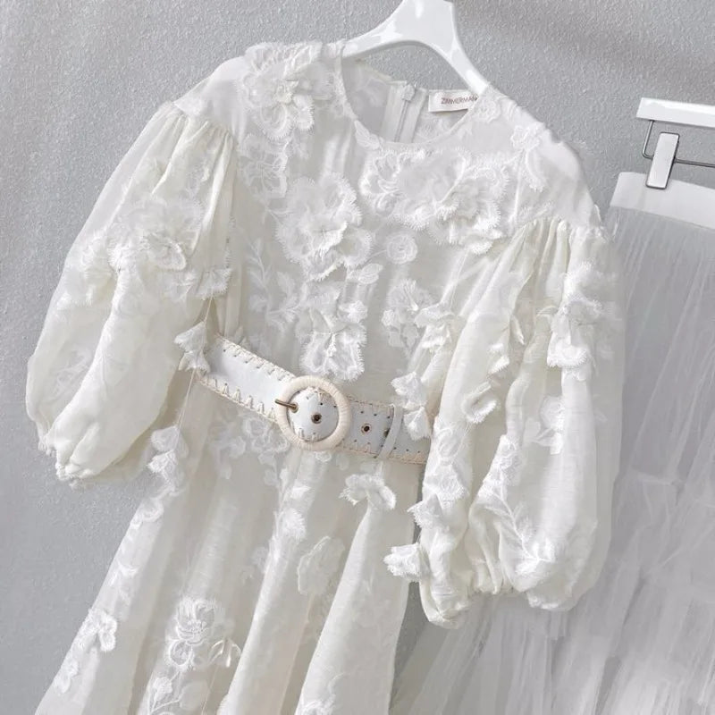 Women Dresses Party Holiday Luxury Top Qaulity 3-piece White O-neck Half Sleeve A-line Long Dress with Belt Australian Designer