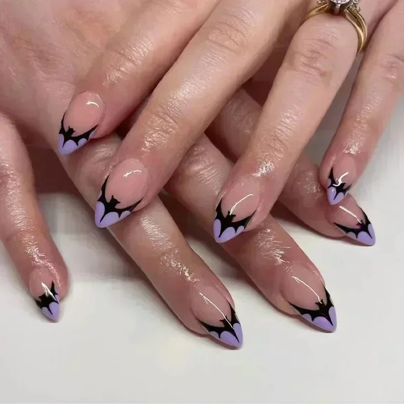 24Pc Halloween False Nails with Almond Head Designs Cute Clown Fake Nails French Full Cover Manicure Press on Nail Tips for Girl